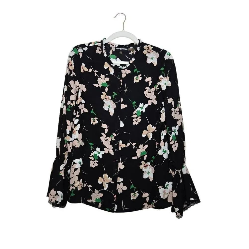 Karl Lagerfeld Floral Button Down Blouse Size Small Long Sleeve Black